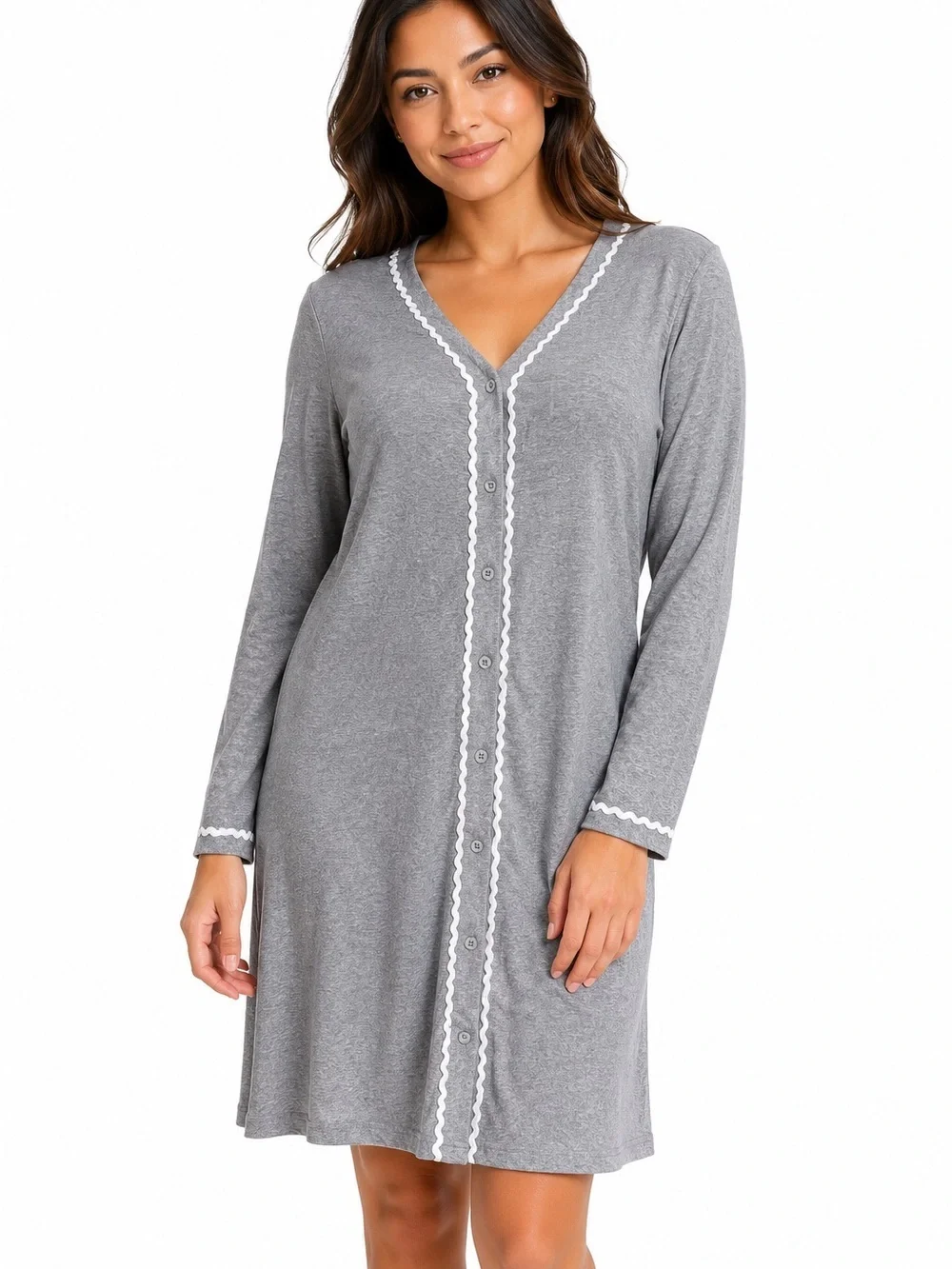 Gray Button-Front Nightgown with Contrast Trim